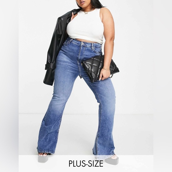 River Island Plus mid rise slit side flared jeans 14 XL medium blue stretch high - Picture 2 of 15